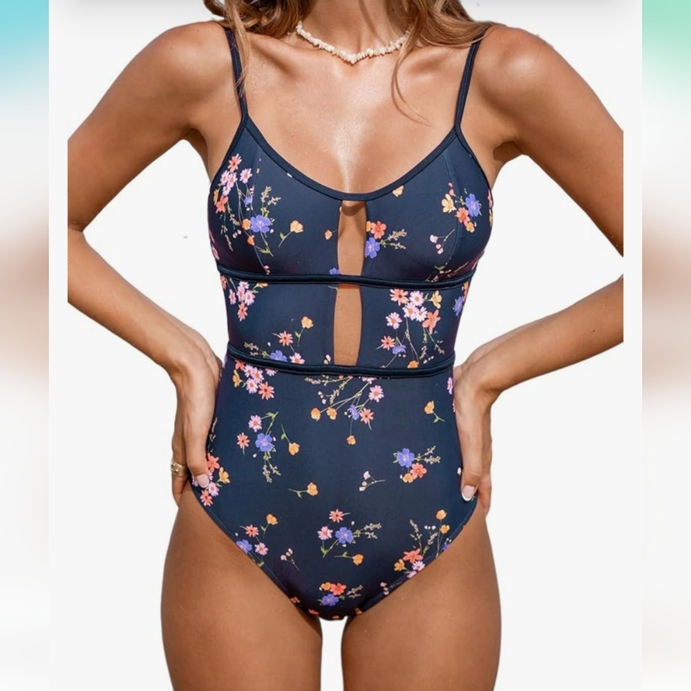 One Piece Swimsuit Adjustable Straps Cutout Back Self Tie blue floral‎